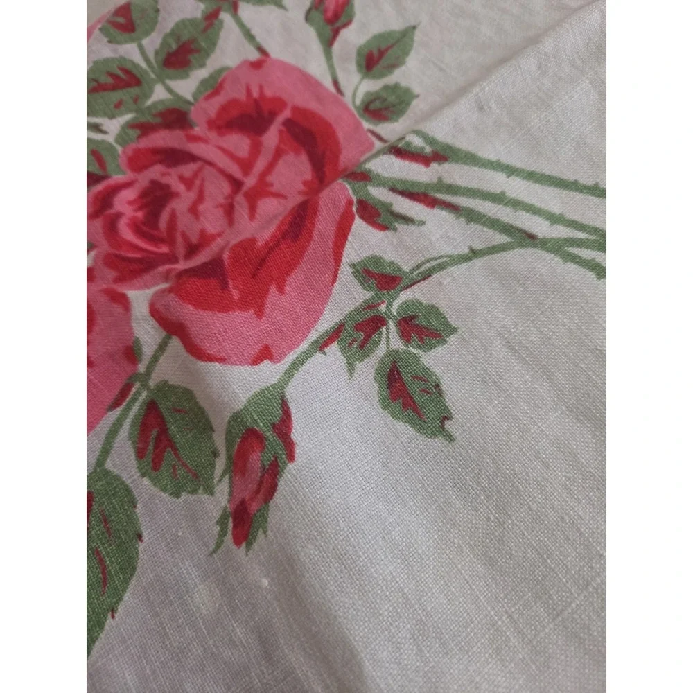 Vtg Floral Linen Tablecloth 46x46 Pink Red Cabbage Roses Polka Dot Small Stain